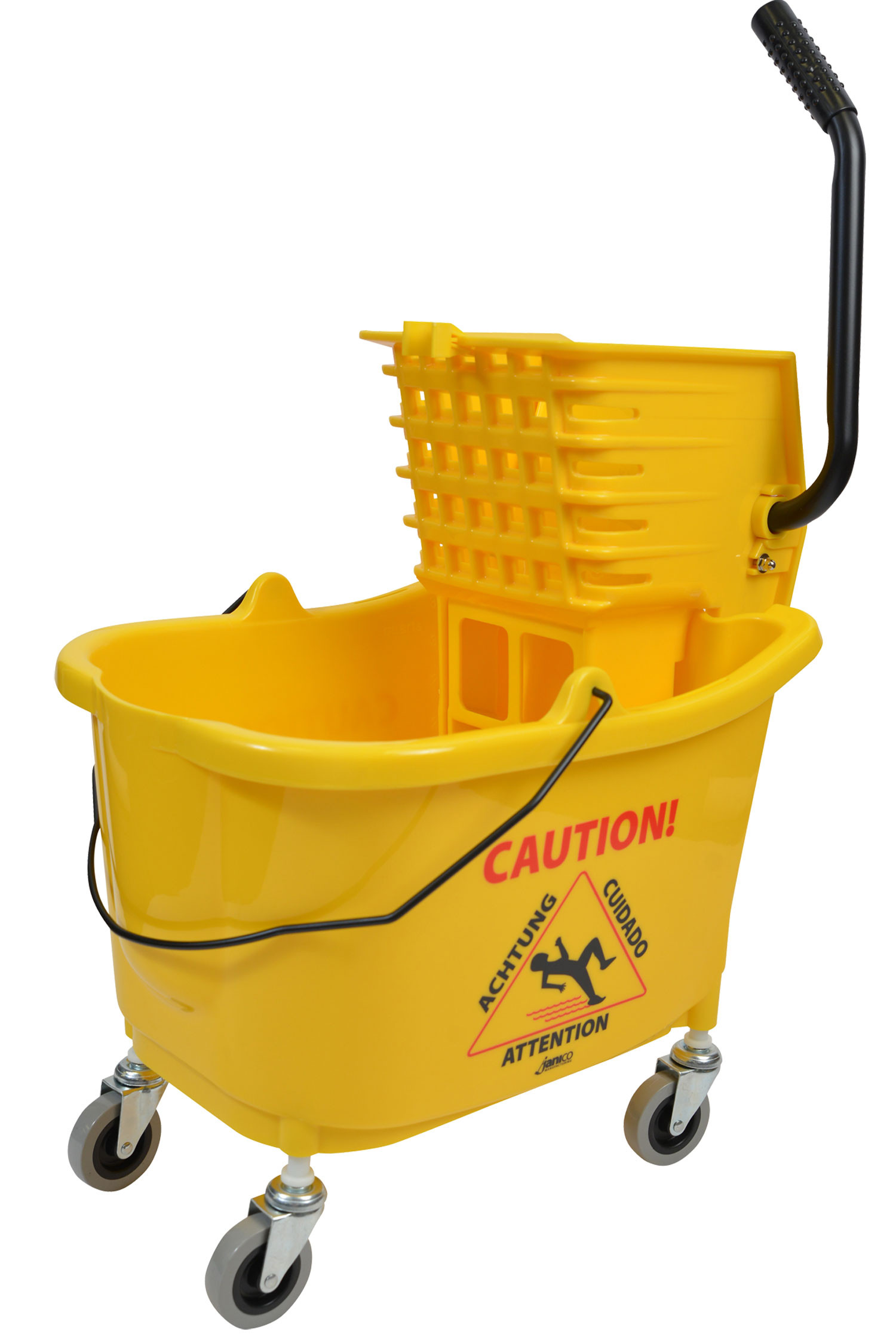 Angle view of mop bucket with side press wringer